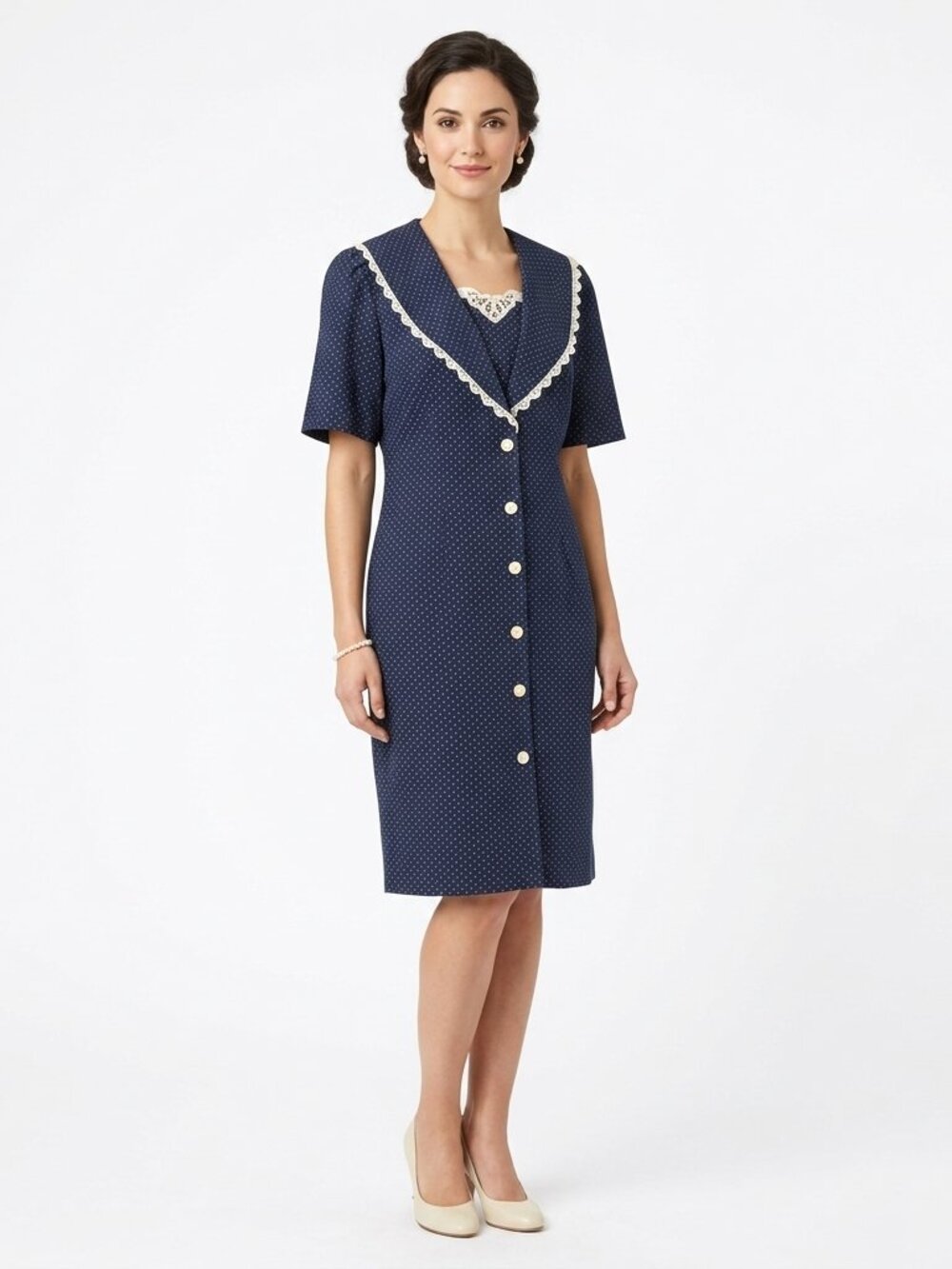 VTG 80s 90s Polka Dot Midi Dress Navy White Lace Cottagecore Prairie Whimsigoth